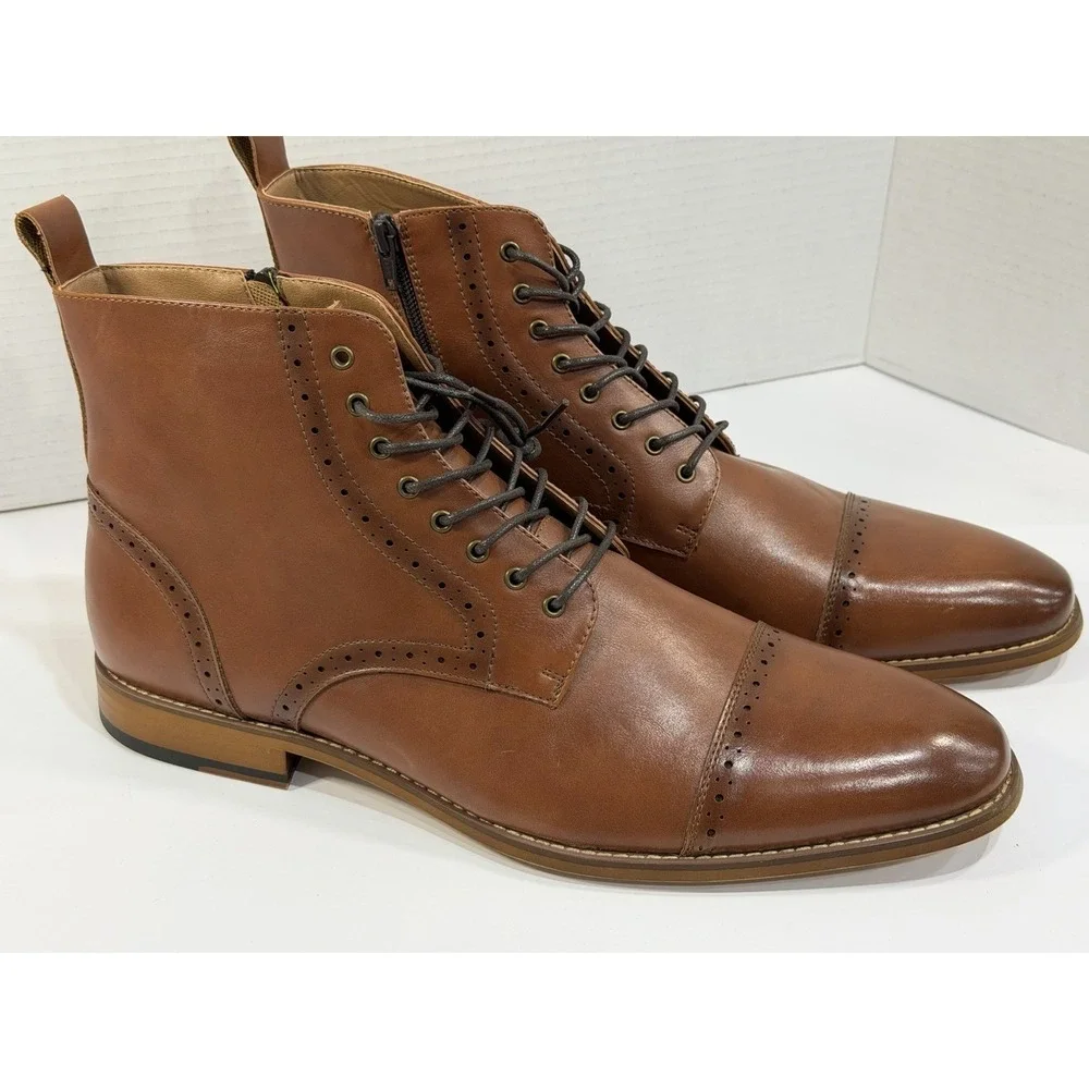 Ashford Hayes Cross Men's Cap-Toe Dress Boots Cognac Brown Size 15 M Side Zip